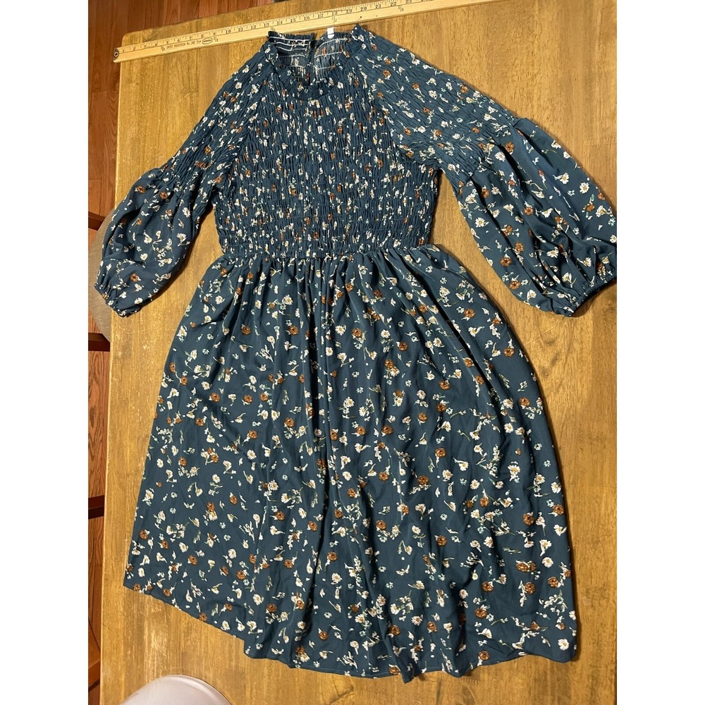 Petallush Dress, Women's Large, Green White Pink, Floral, Long Sleeve, Smocked